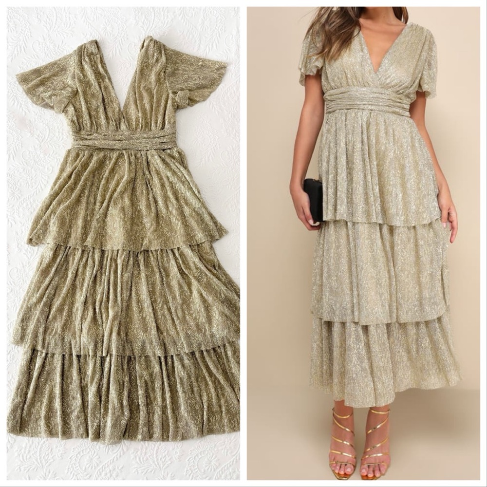 NWT Lulus Unbelievable Glow Gold Metallic Tiered Flutter Sleeve Midi Dress Large